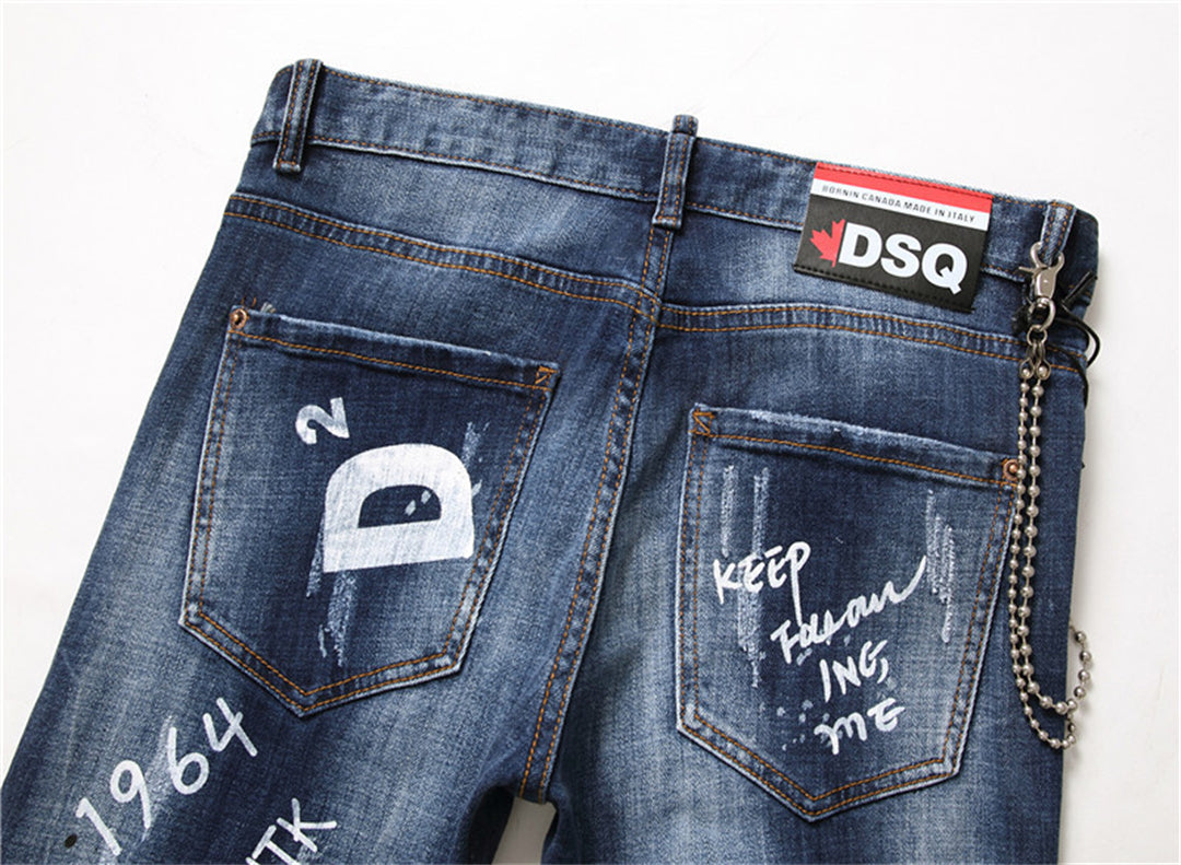 DSQ2 Men's Slim Fit Graffiti Jeans – Dark Wash Stretch Denim