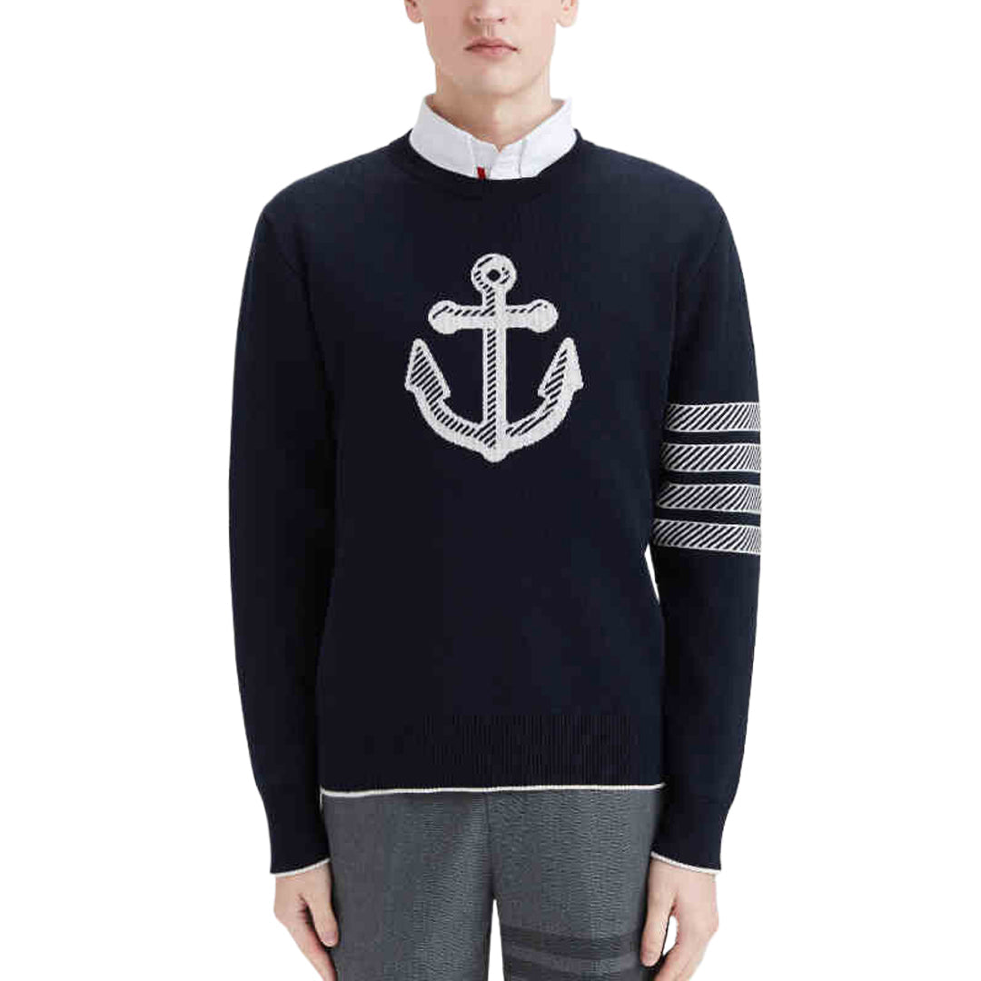 Thom BrowneMen's Classic Crew Neck Merino Wool Sweater with 4-Bar Detail