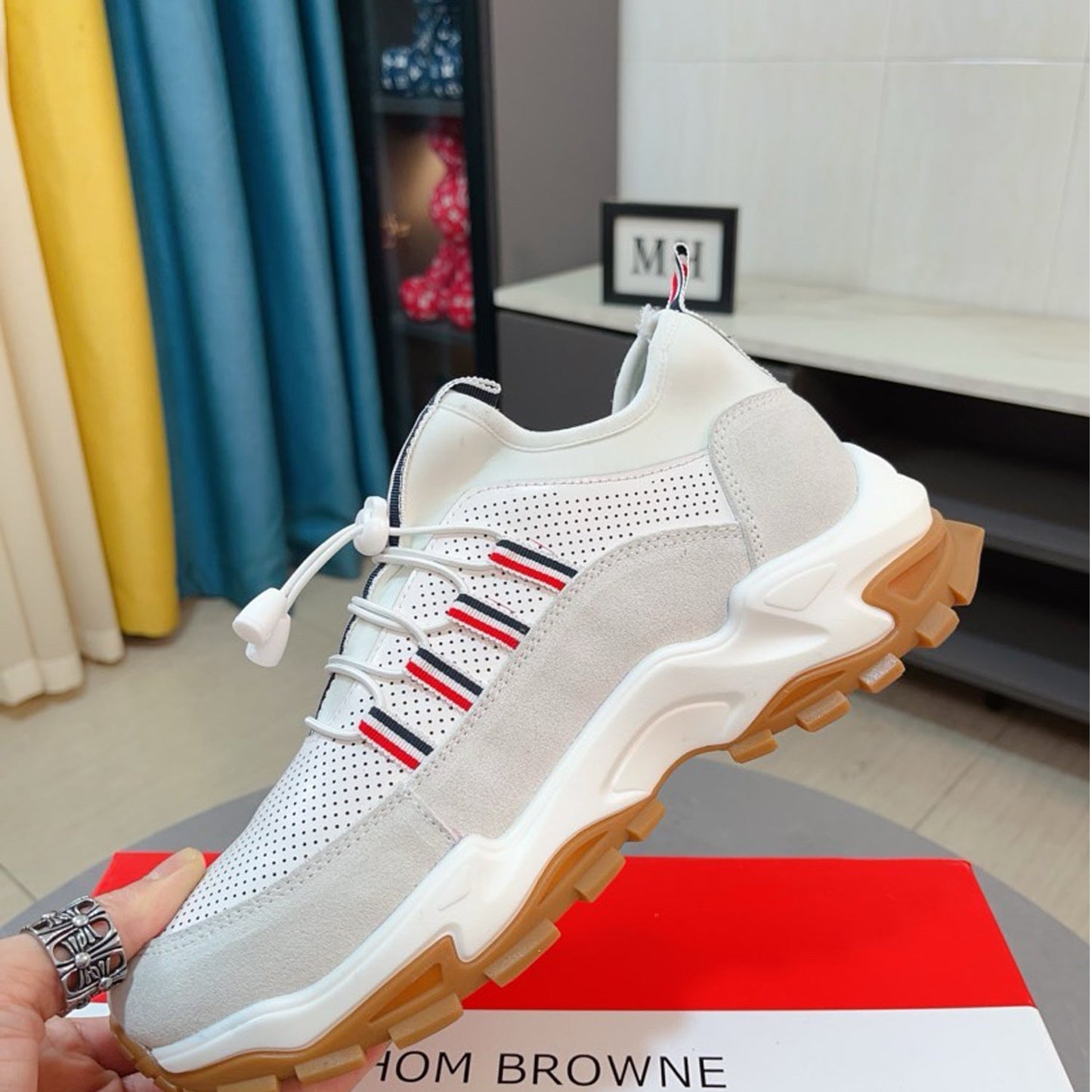Thom BrowneMen's Premium Leather Sneakers with Grosgrain Buckle - Classic White & Black