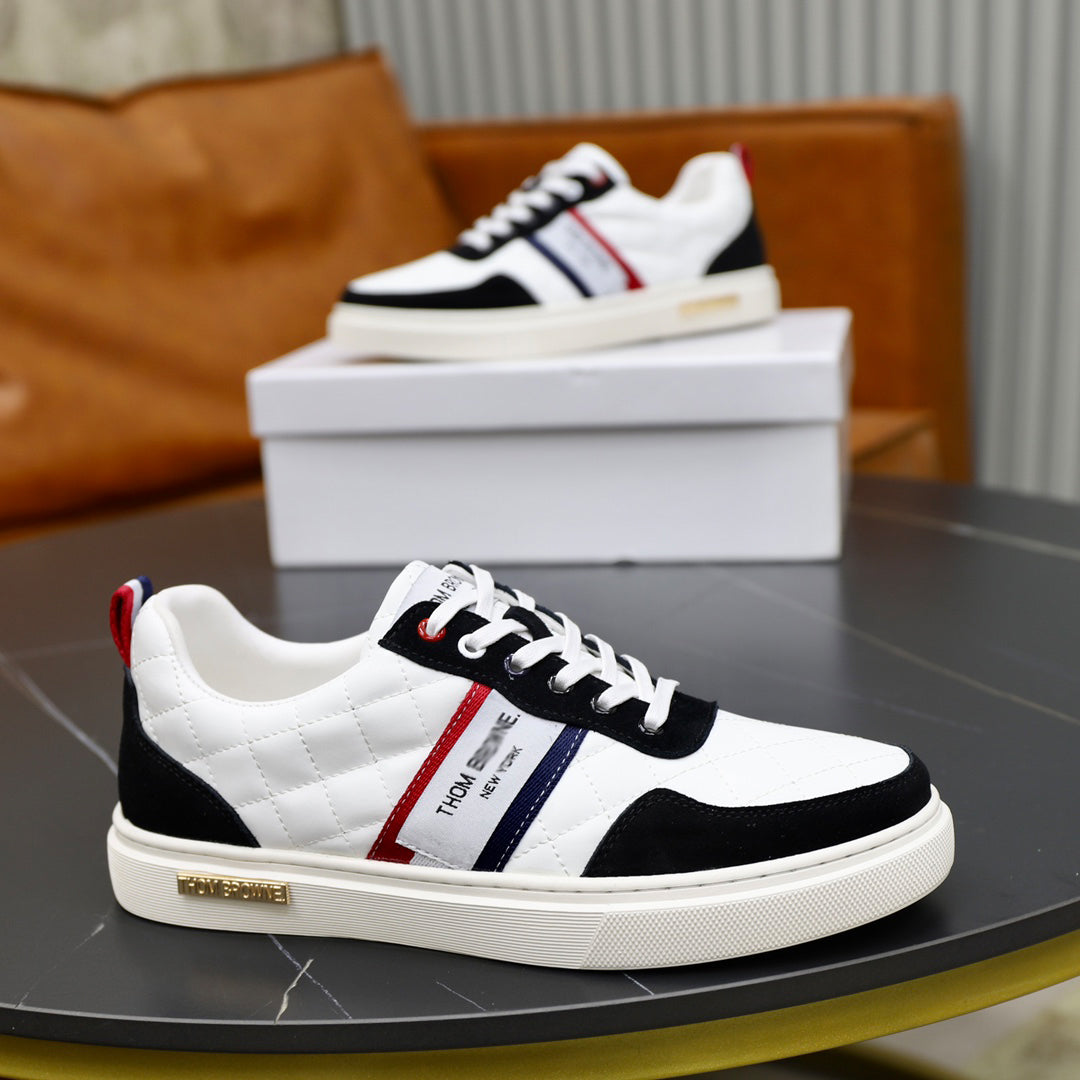 Thom BrowneMen's Premium Leather Sneakers - Handcrafted Cowhide Low-Top Casual Shoes with Grosgrain Detail