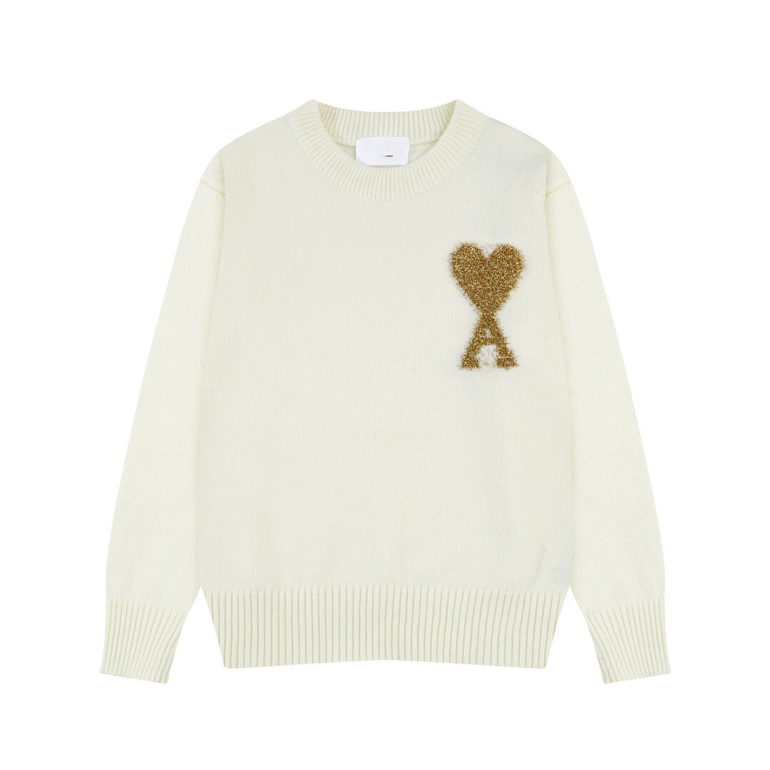 AMIPARIS Festive Heart Premium Alpaca Wool & Cotton Crew Neck Sweater (Gold & Silver)