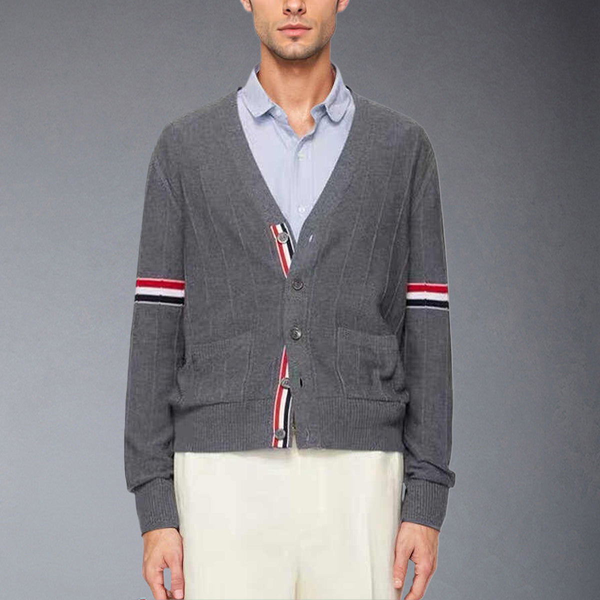 Thom BrowneMen's Classic V-Neck Knitted Cardigan with 4-Bar Sleeve Detail