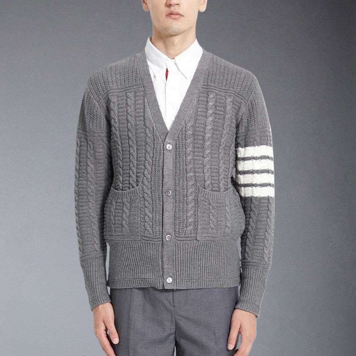 Thom BrowneMen's Classic V-Neck Knitted Cardigan with 4-Bar Sleeve Detail