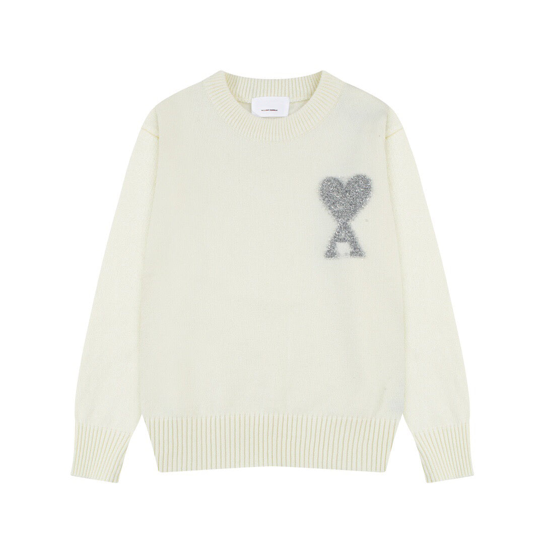 AMIPARIS Festive Heart Premium Alpaca Wool & Cotton Crew Neck Sweater (Gold & Silver)