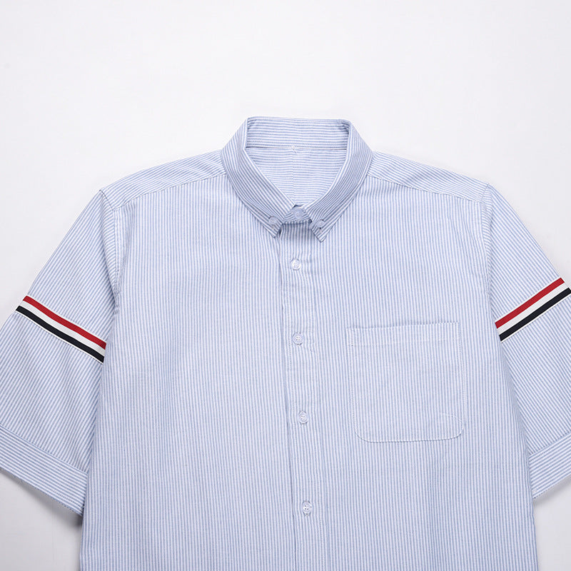 Men's Short Sleeve Oxford Shirt - 100% Cotton Striped Grosgrain Detail