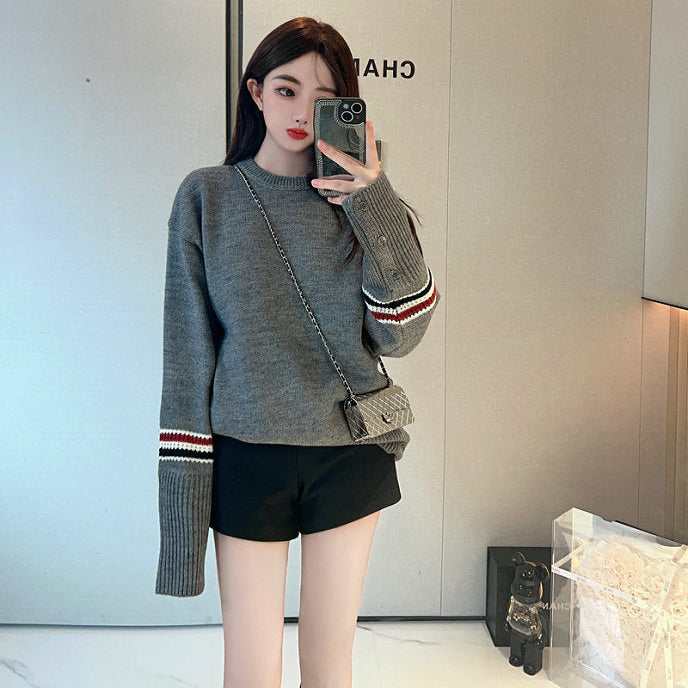 Thom BrowneWomen's Wool Cotton Crew Neck Sweater - Button Front | Japanese Made
