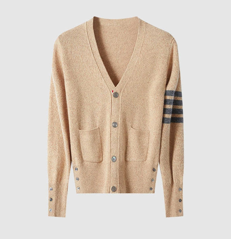 Thom BrowneMen's Classic V-Neck Knitted Cardigan with 4-Bar Sleeve Detail