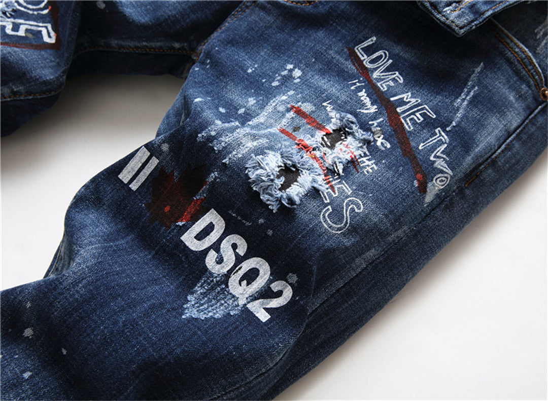 DSQ2 Men's Slim Fit Graffiti Jeans – Dark Wash Stretch Denim