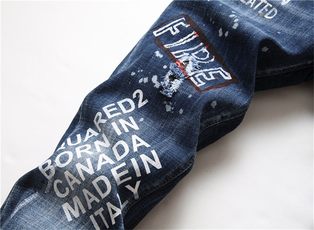 DSQ2 Men's Slim Fit Graffiti Jeans – Dark Wash Stretch Denim
