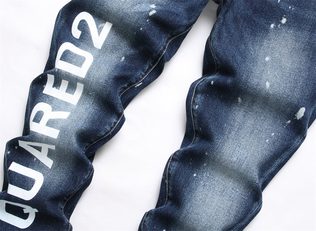 DSQ2 Men's Slim Fit Ripped Jeans – Dark Wash with Signature Logo Label