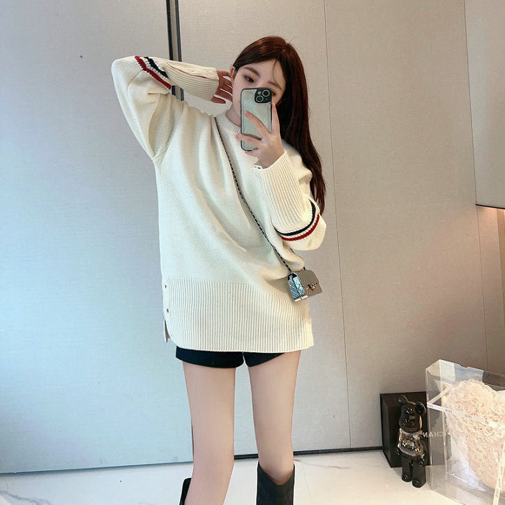Thom BrowneWomen's Wool Cotton Crew Neck Sweater - Button Front | Japanese Made