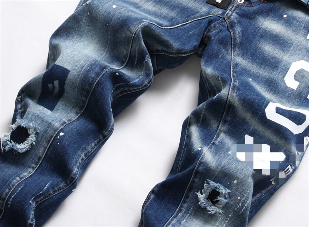 DSQ2 Men's Slim Fit Ripped Stretch Jeans – Dark Wash with Signature Logo Label