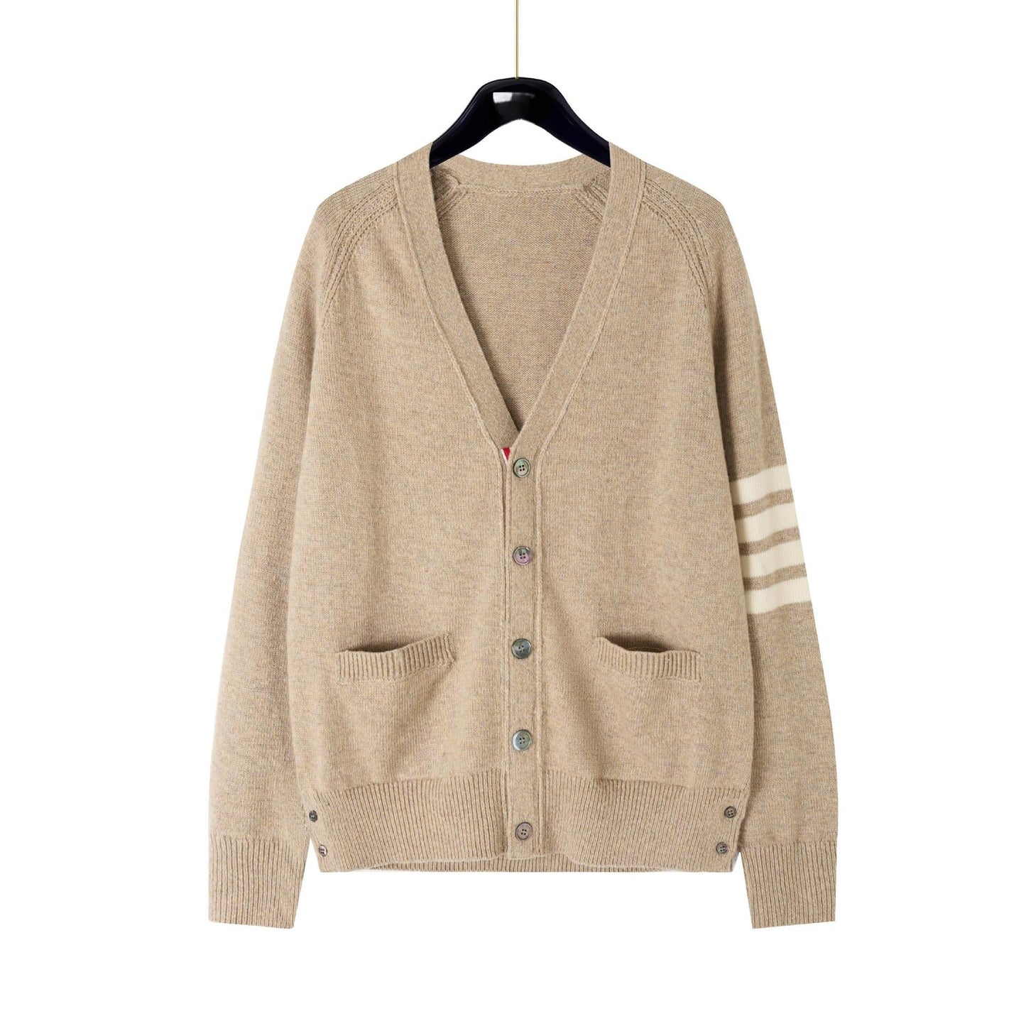 Thom Browne4-Bar Premium Cotton V-Neck Cardigan - Classic Khaki Knit