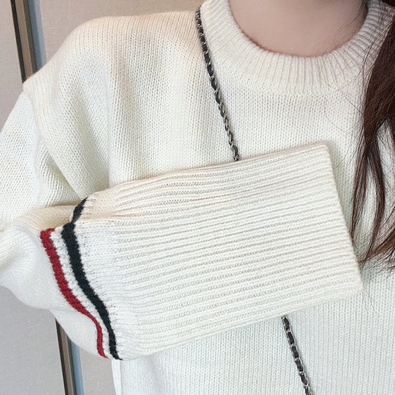 Thom BrowneWomen's Wool Cotton Crew Neck Sweater - Button Front | Japanese Made