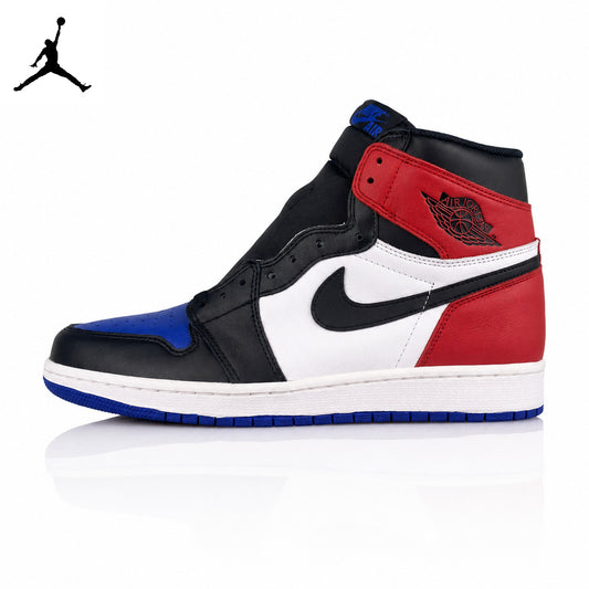 Air Jordan 1 High White, Blue, and Red Asymmetrical Pair