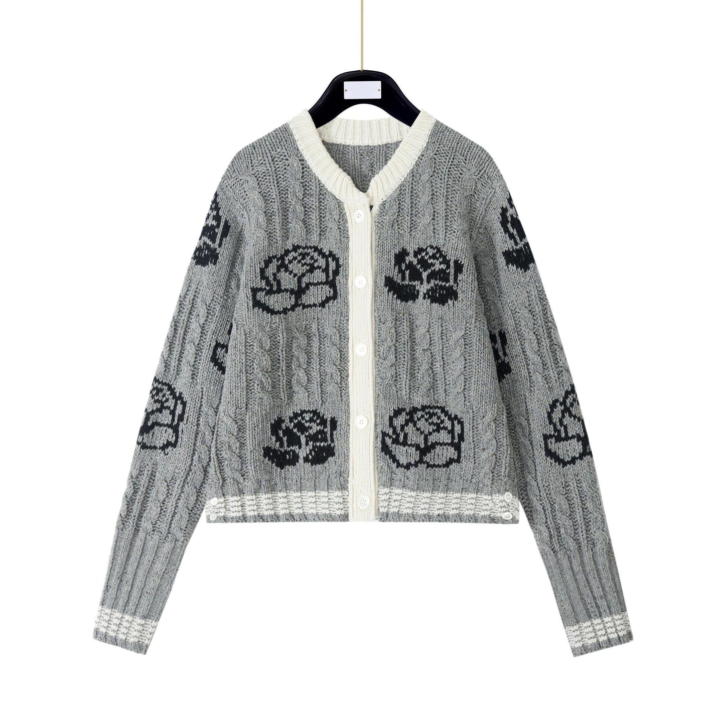 Women's Rose Knit Cardigan - Japanese Wool Partial Button Front Sweater
