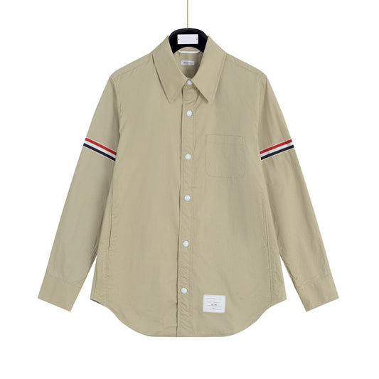Thom BrowneMen's 100% Cotton Casual Shirt Jacket - Versatile Overshirt in Apricot, Navy & White