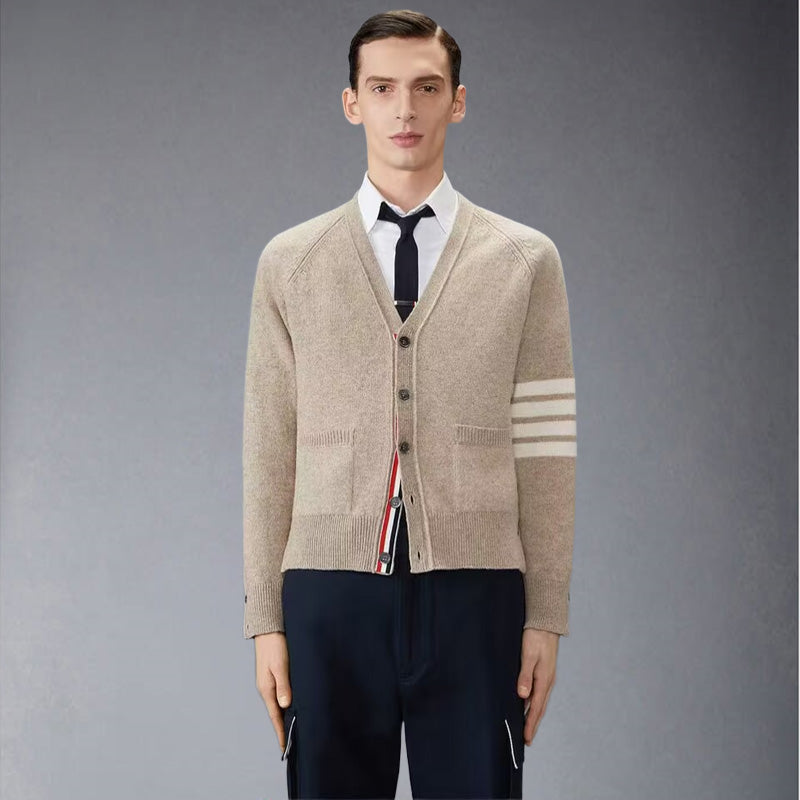 Thom Browne4-Bar Premium Cotton V-Neck Cardigan - Classic Khaki Knit