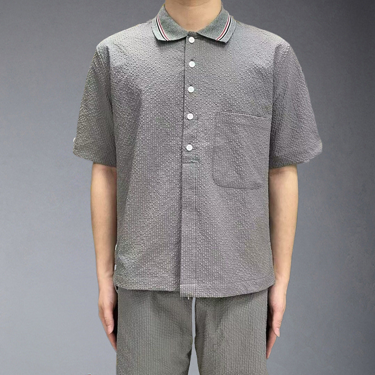 Thom BrowneMen's Seersucker Polo Shirt | 4-Bar Detail | Textured Elegance