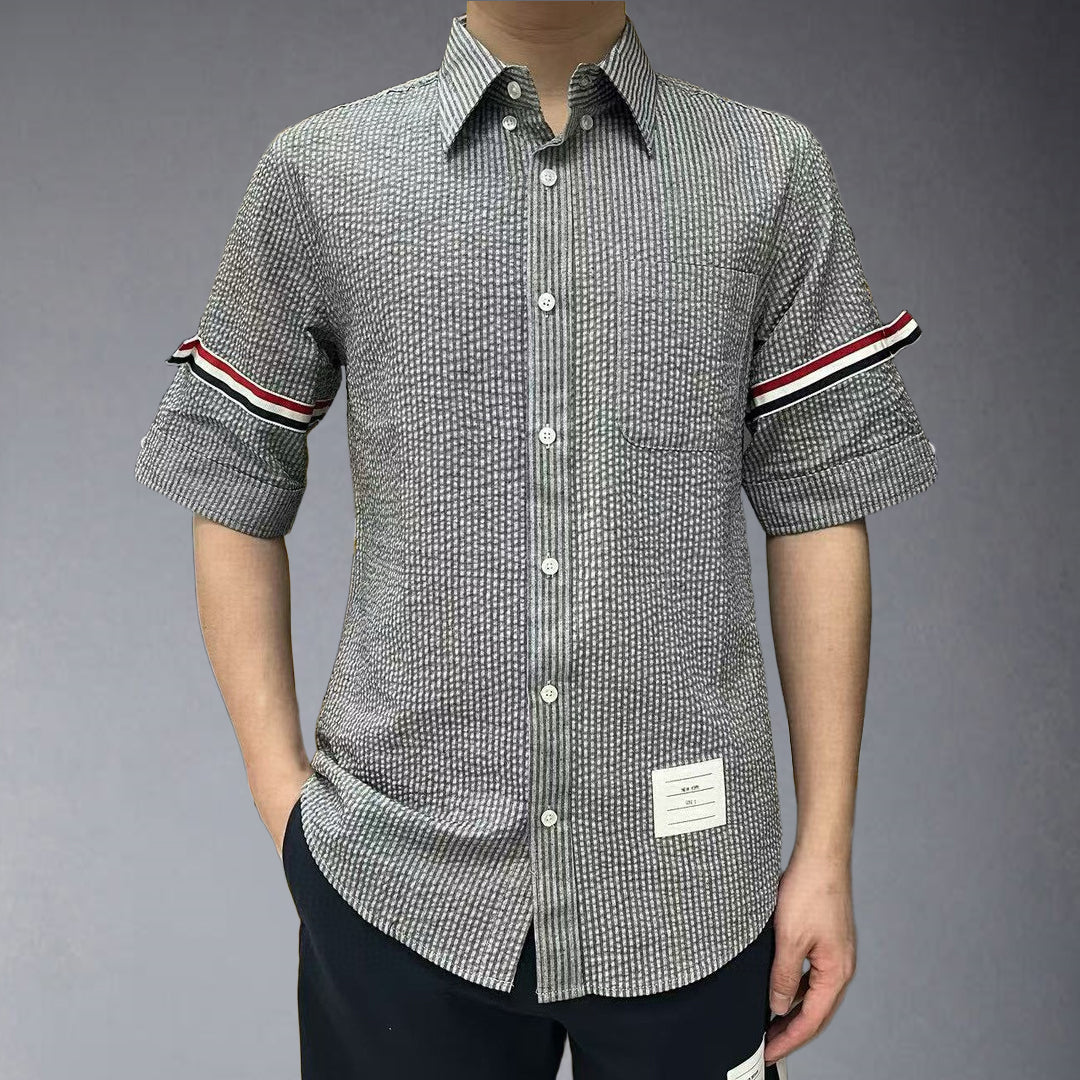 Thom BrowneMen's Seersucker Oxford Shirt - Premium Cotton Button Front Dress Shirt
