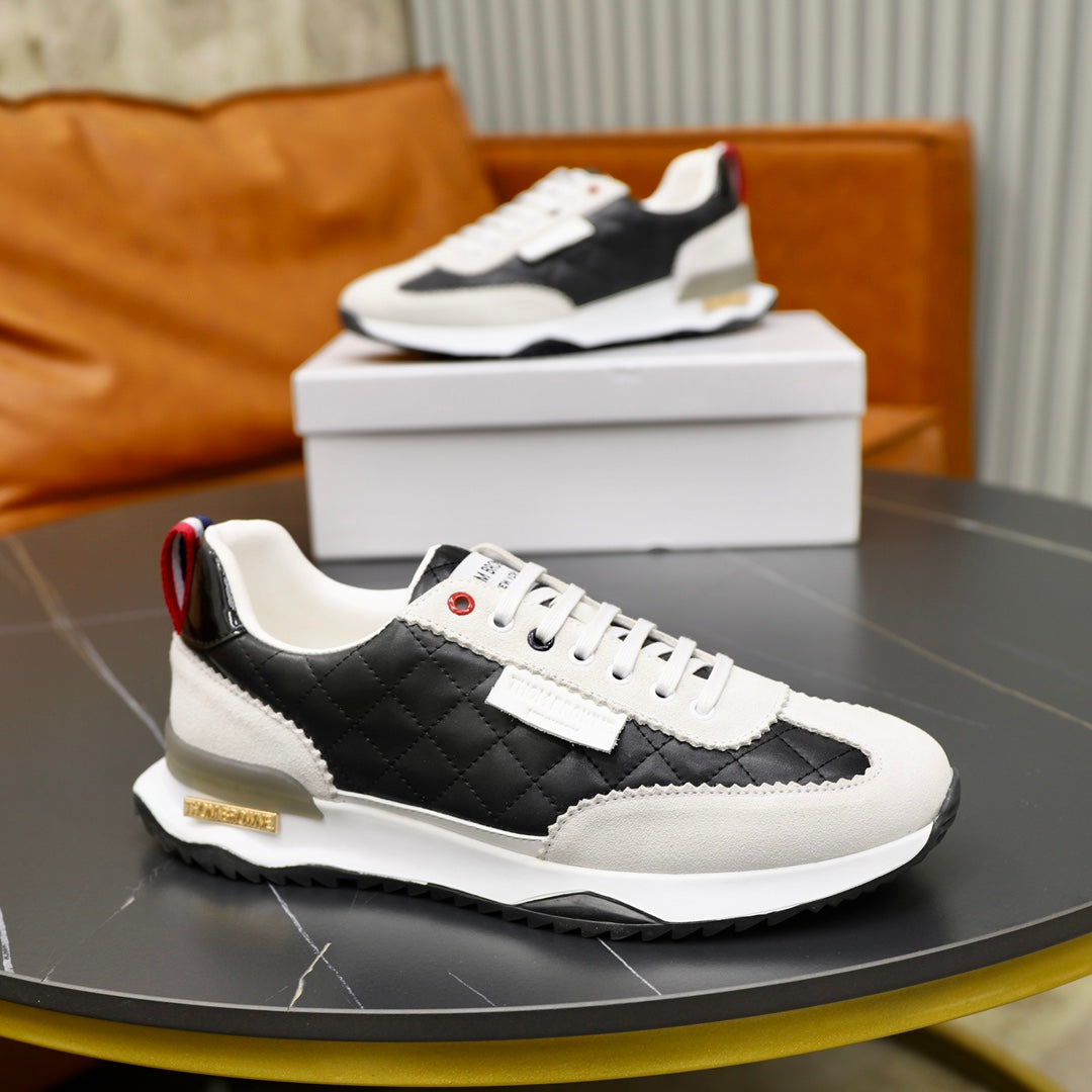 Thom BrowneMen's Premium Leather Sneakers - Handcrafted Cowhide Low-Top Casual Shoes with Grosgrain Detail