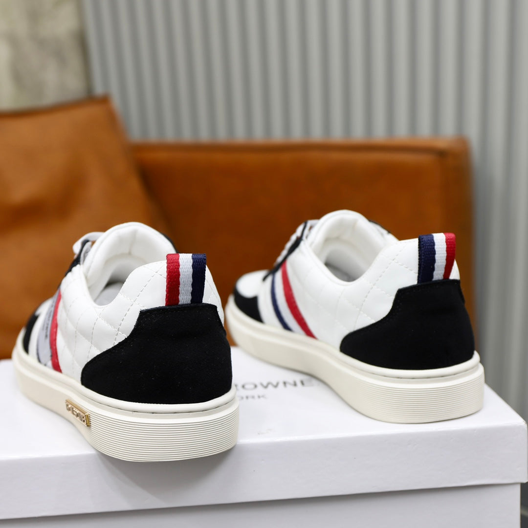 Thom BrowneMen's Premium Leather Sneakers - Handcrafted Cowhide Low-Top Casual Shoes with Grosgrain Detail