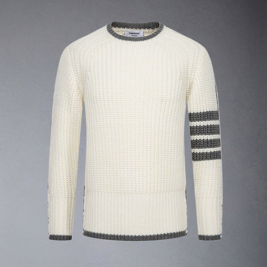 Thom BrowneMen's Classic Crew Neck Merino Wool Sweater with 4-Bar Detail