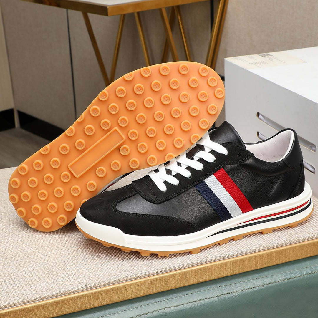Thom BrowneMen's Premium Leather Sneakers - Handcrafted Cowhide Low-Top Casual Shoes with Grosgrain Detail
