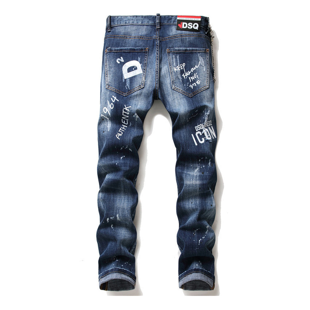 DSQ2 Men's Slim Fit Graffiti Jeans – Dark Wash Stretch Denim