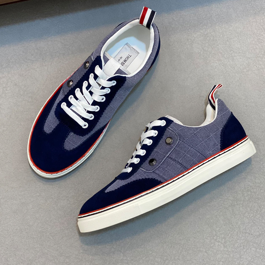 Thom BrowneMen's Premium Leather Sneakers - Handcrafted Cowhide Low-Top Casual Shoes with Grosgrain Detail