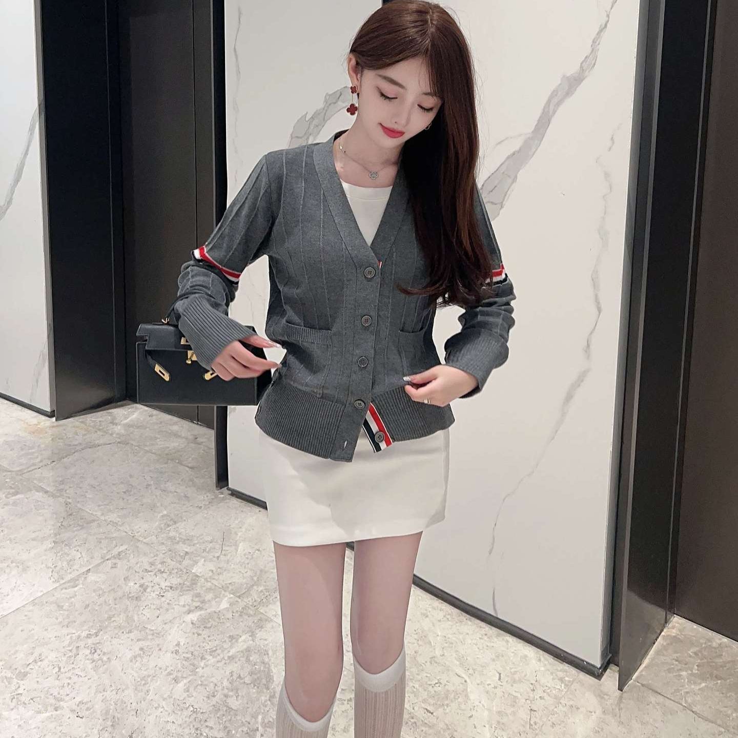 Thom BrowneJapanese Cotton Knitted Cardigan - Partial Button Front