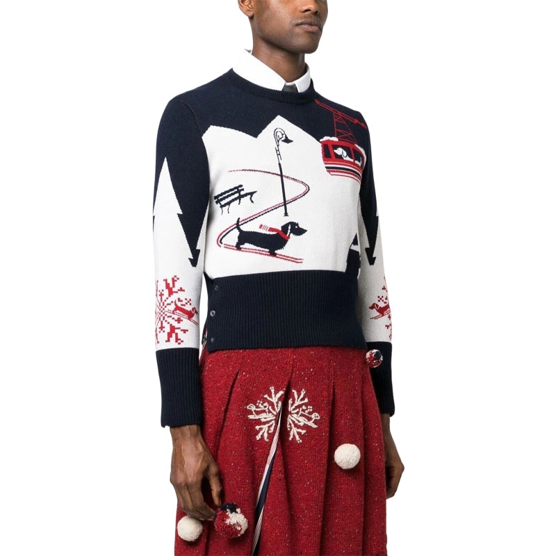 Thom BrowneMen's Classic Crew Neck Merino Wool Sweater with 4-Bar Detail