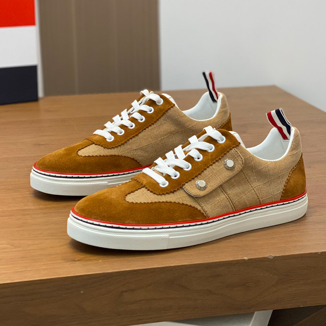 Thom BrowneMen's Premium Leather Sneakers - Handcrafted Cowhide Low-Top Casual Shoes with Grosgrain Detail