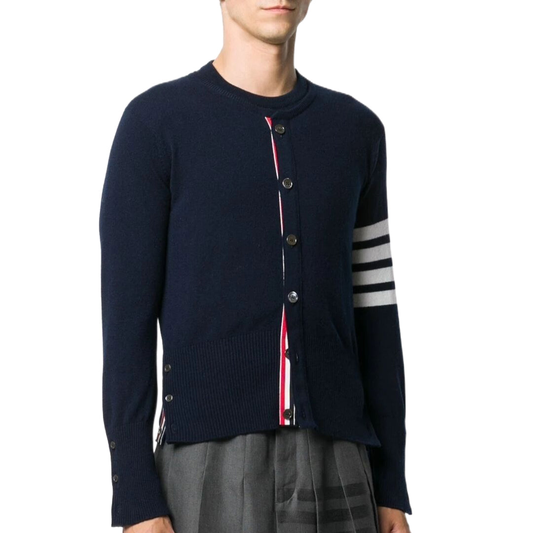 Thom BrowneMen's Classic V-Neck Knitted Cardigan with 4-Bar Sleeve Detail
