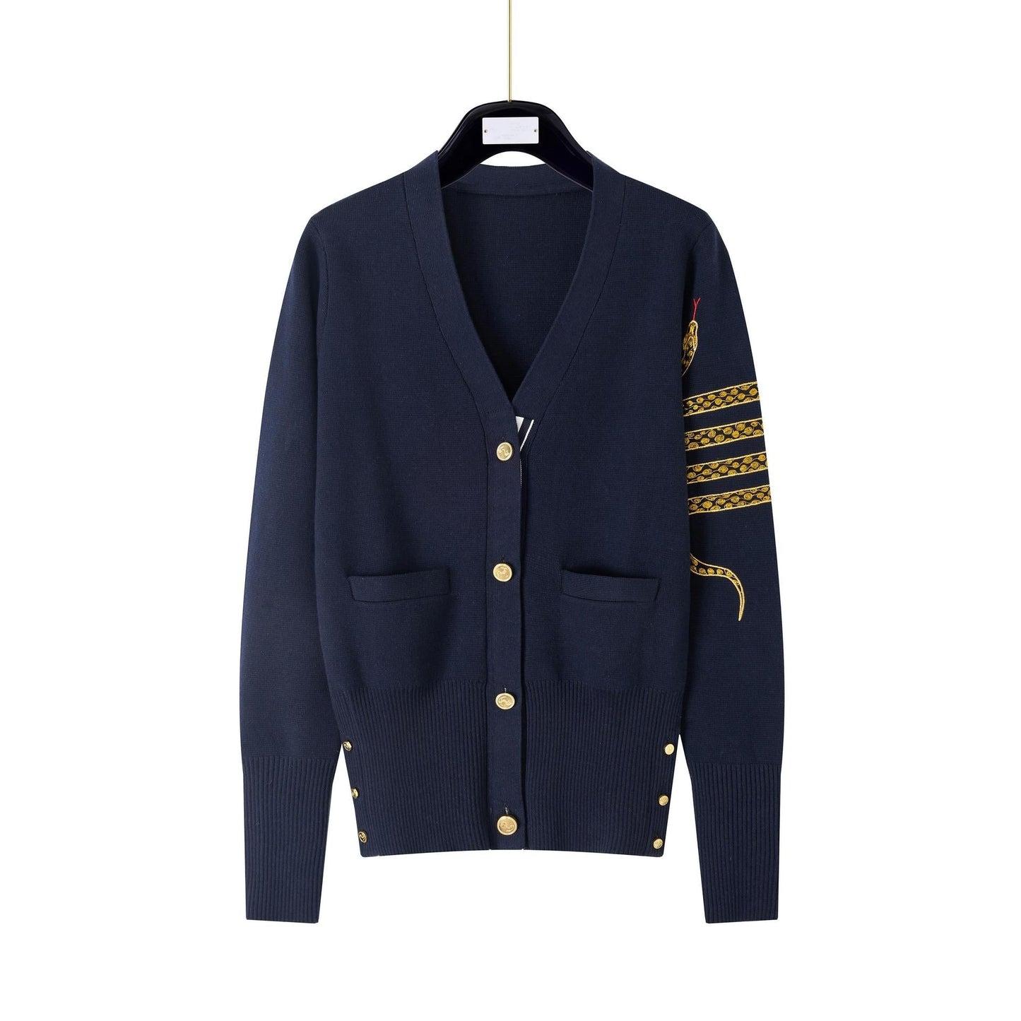 Women's Cotton Cardigan - V-Neck with Striped Grosgrain Detail & 4-Bar Sleeve