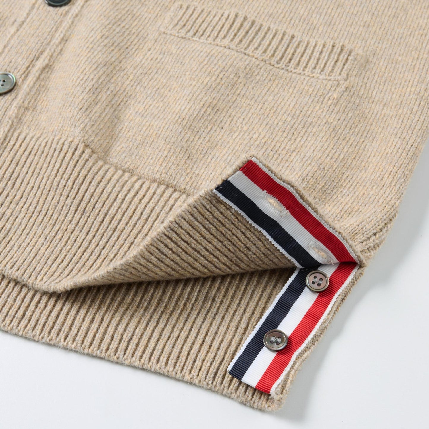 Thom Browne4-Bar Premium Cotton V-Neck Cardigan - Classic Khaki Knit