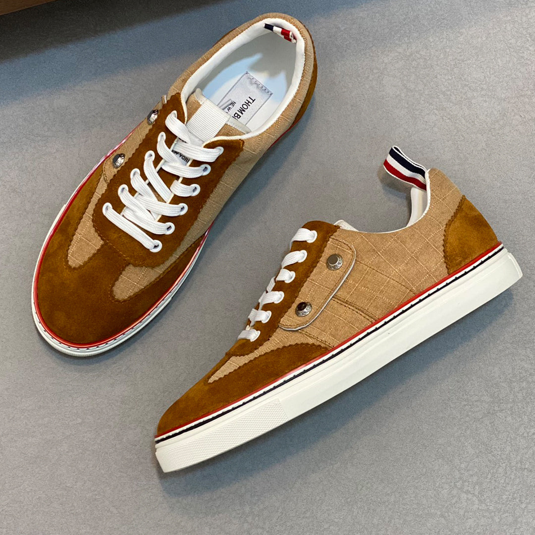 Thom BrowneMen's Premium Leather Sneakers - Handcrafted Cowhide Low-Top Casual Shoes with Grosgrain Detail
