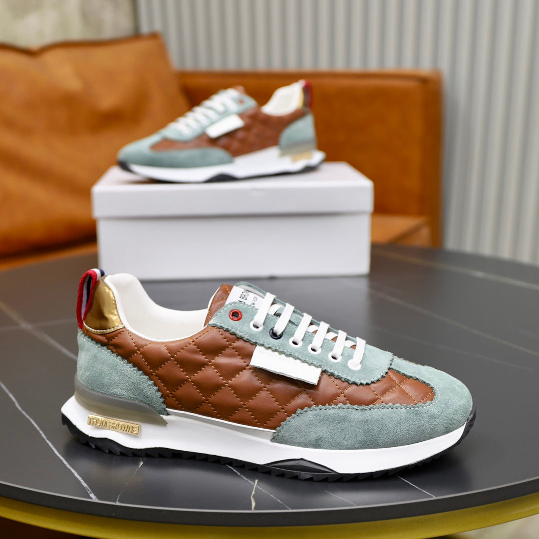 Thom BrowneMen's Premium Leather Sneakers - Handcrafted Cowhide Low-Top Casual Shoes with Grosgrain Detail