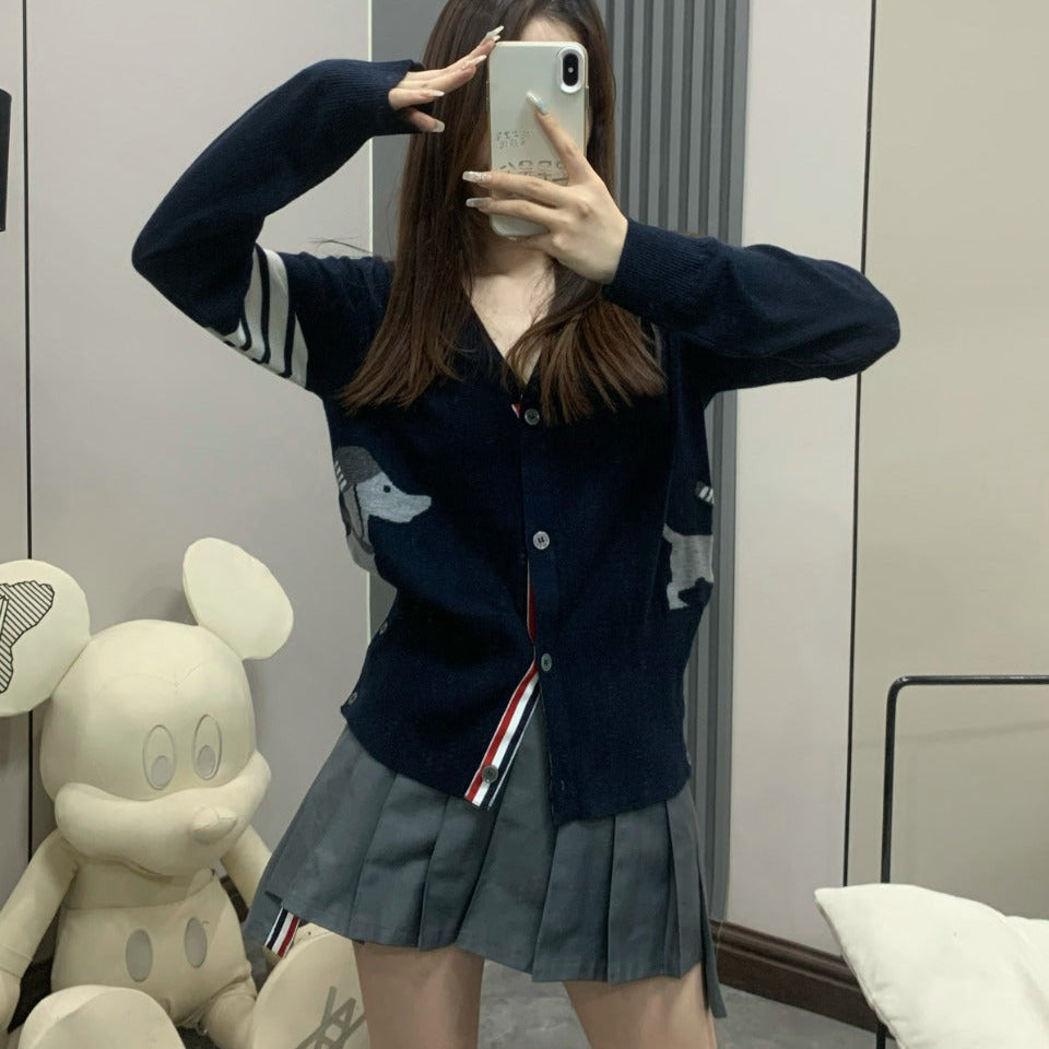 Thom BrowneJapanese Cotton Knitted Cardigan - Partial Button Front