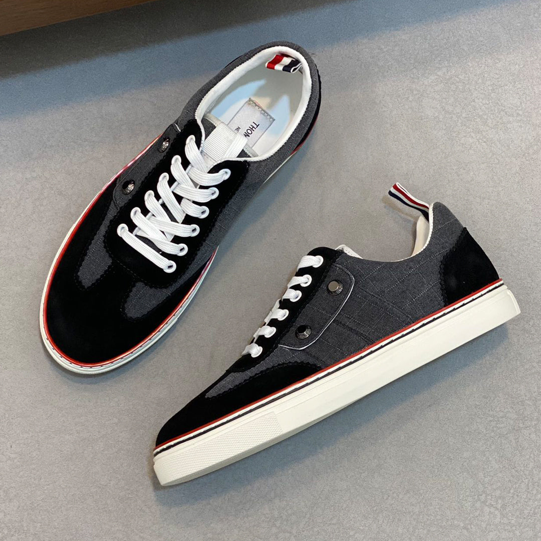 Thom BrowneMen's Premium Leather Sneakers - Handcrafted Cowhide Low-Top Casual Shoes with Grosgrain Detail