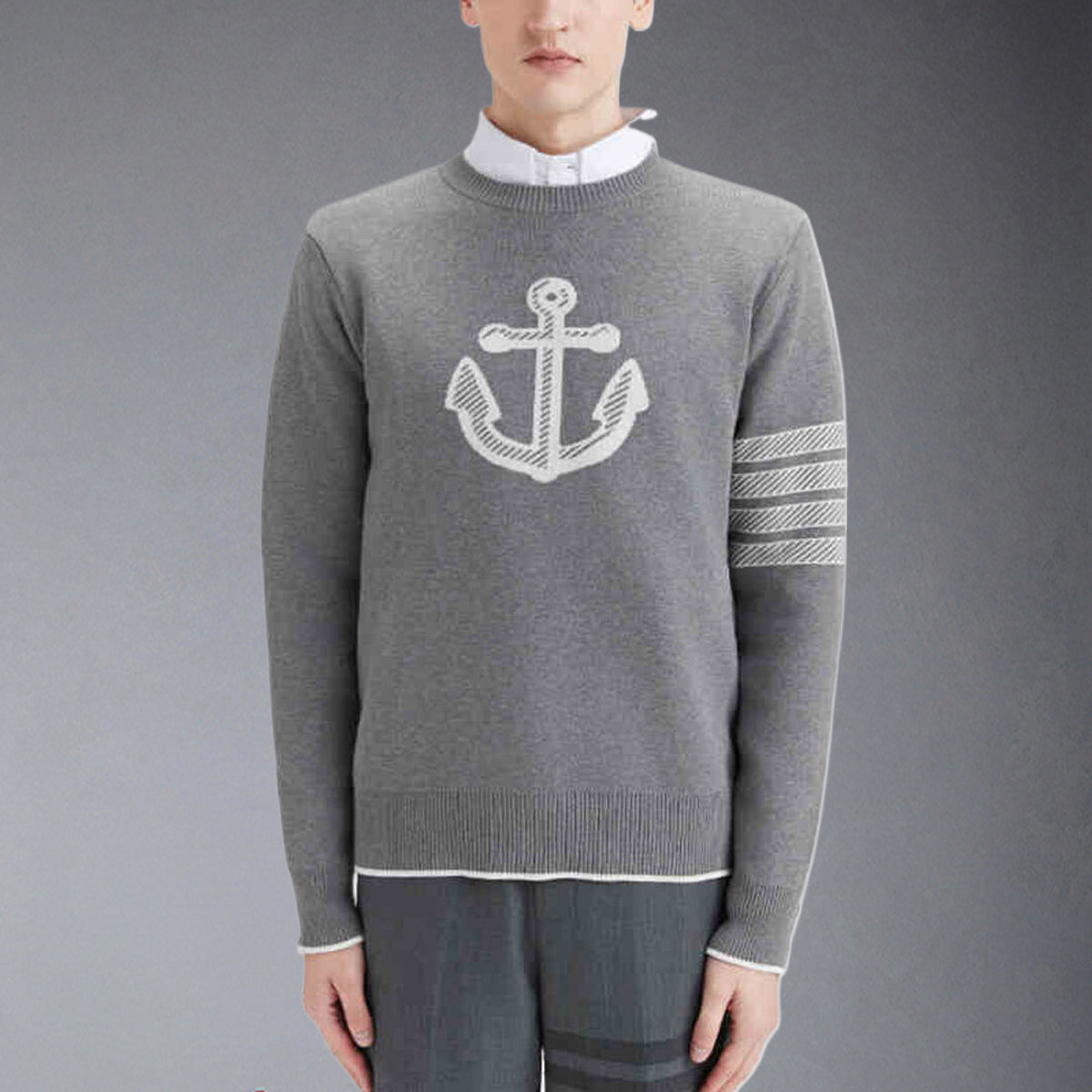 Thom BrowneMen's Classic Crew Neck Merino Wool Sweater with 4-Bar Detail