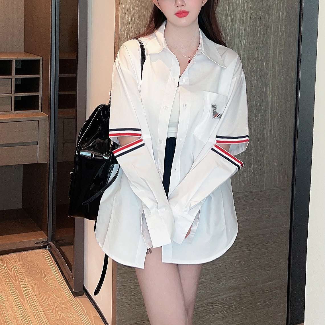 Women's Cotton Polo Shirt - Classic V-Neck with Striped Grosgrain Detail