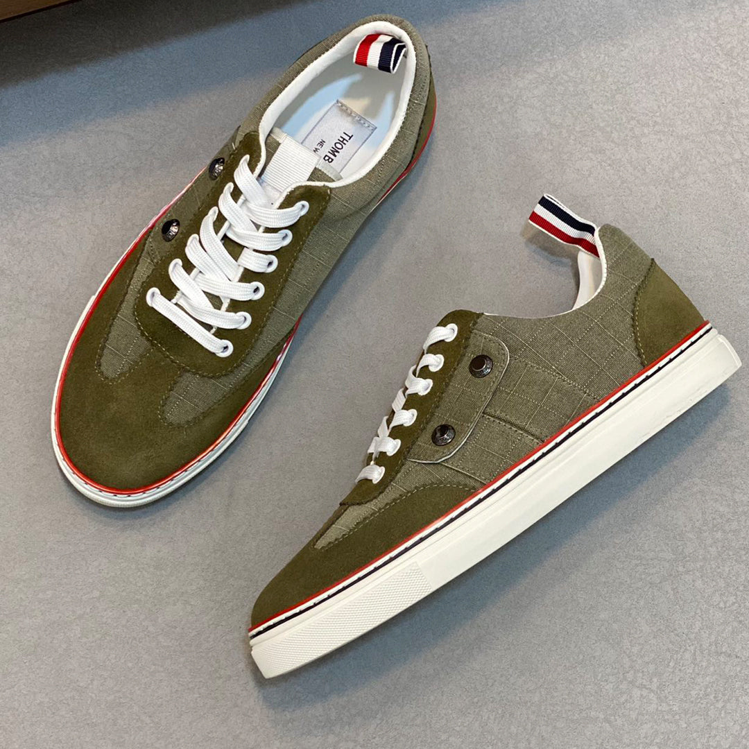 Thom BrowneMen's Premium Leather Sneakers - Handcrafted Cowhide Low-Top Casual Shoes with Grosgrain Detail