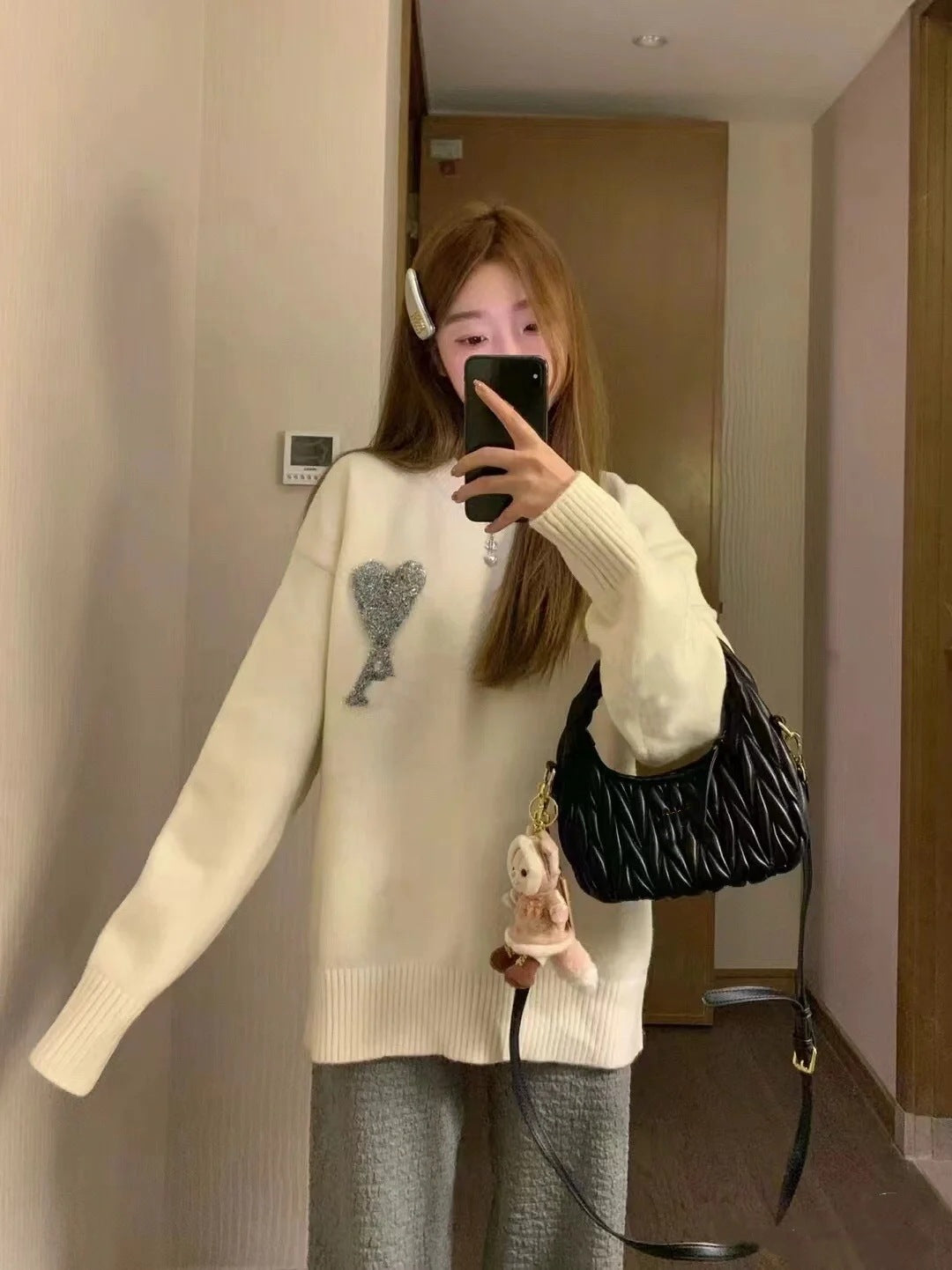 AMIPARIS Festive Heart Premium Alpaca Wool & Cotton Crew Neck Sweater (Gold & Silver)