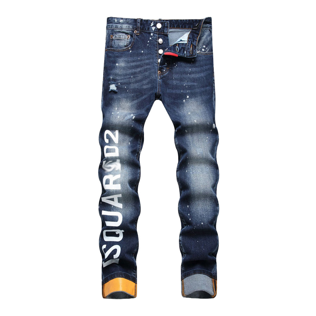 DSQ2 Men's Slim Fit Ripped Jeans – Dark Wash with Signature Logo Label