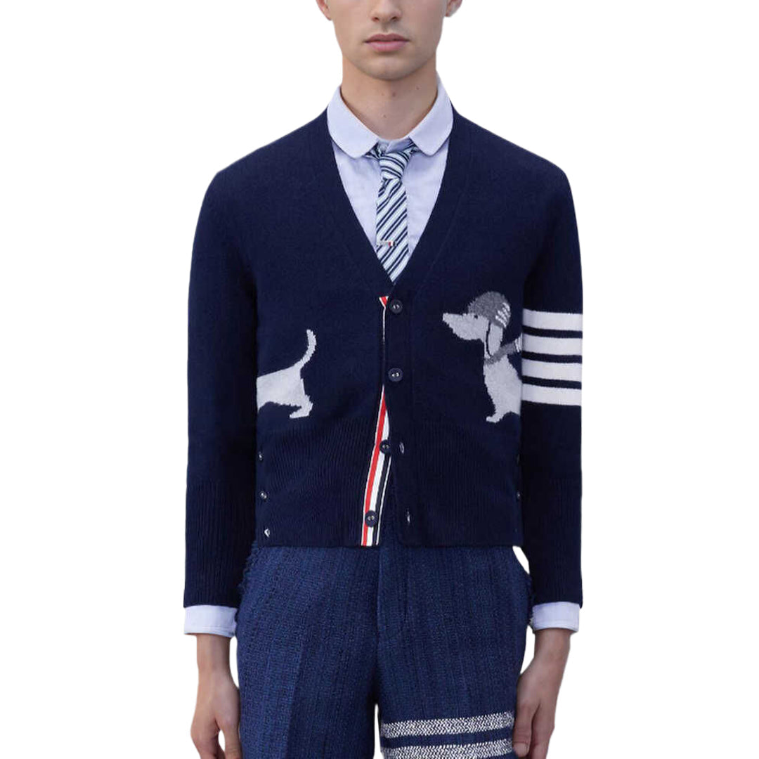 Thom BrowneMen's Classic V-Neck Knitted Cardigan with 4-Bar Sleeve Detail