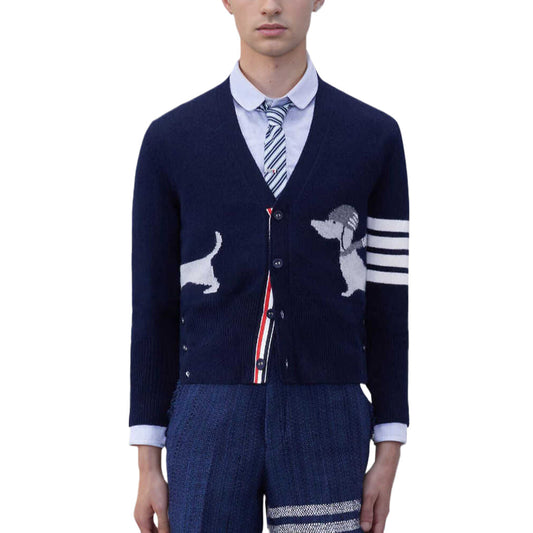 Thom BrowneMen's Classic V-Neck Knitted Cardigan with 4-Bar Sleeve Detail