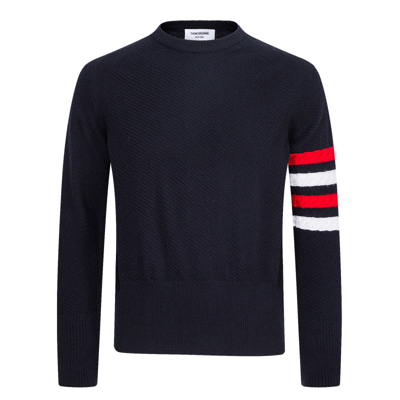 Thom BrowneMen's Classic Crew Neck Merino Wool Sweater with 4-Bar Detail