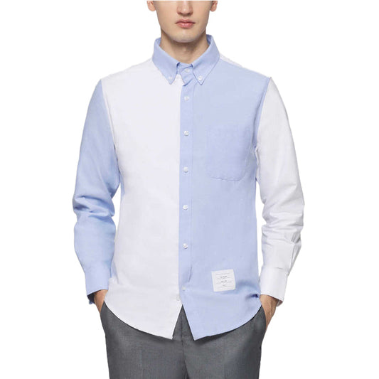 Men's Oxford Cotton Business Shirt with White & Blue Color Block - Modern Professional Dress Shirt