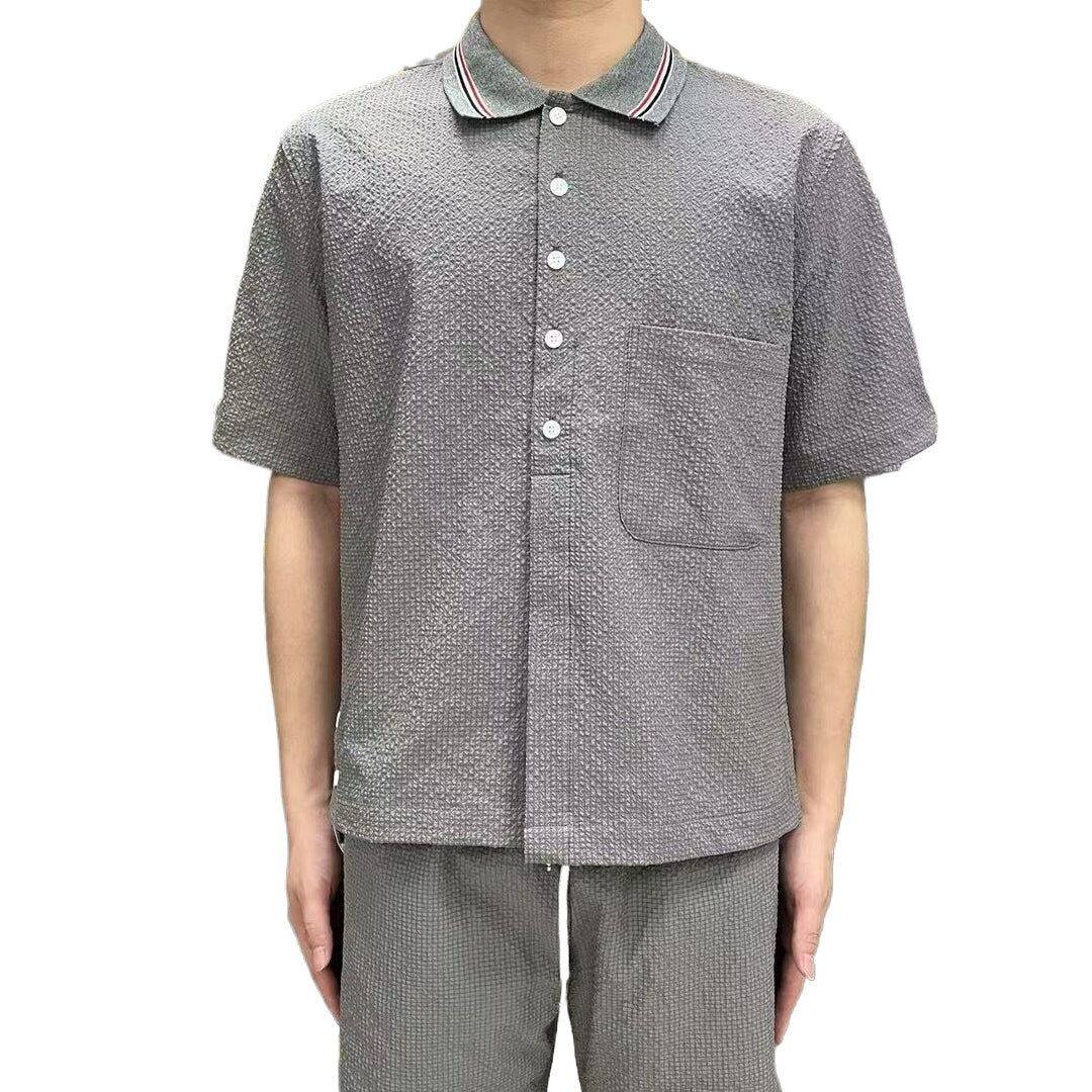 Thom BrowneMen's Seersucker Polo Shirt | 4-Bar Detail | Textured Elegance